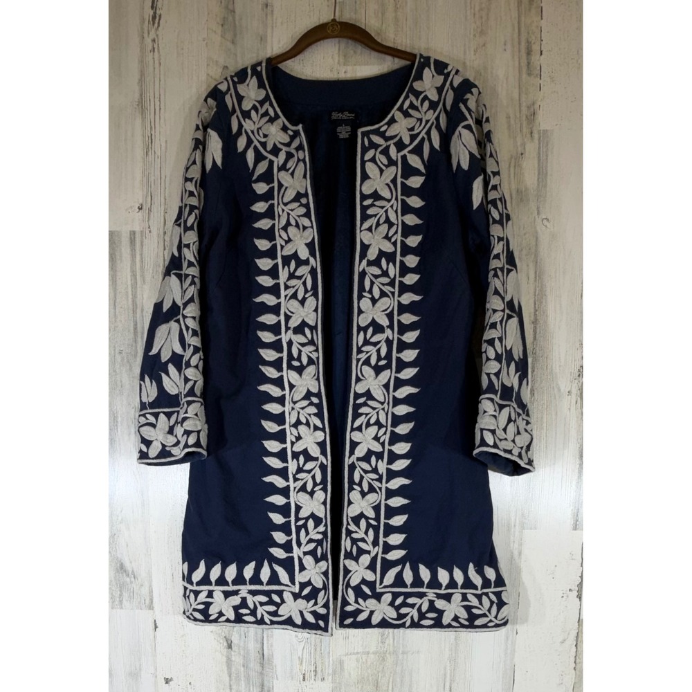Lucky Brand Embroidered Open Front Kimono Cardigan Large Blue White Floral Boho